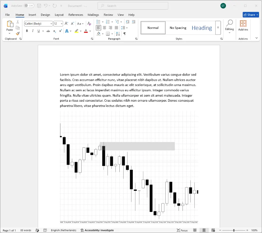 A trading journal entry with a terminal screenshot pasted in